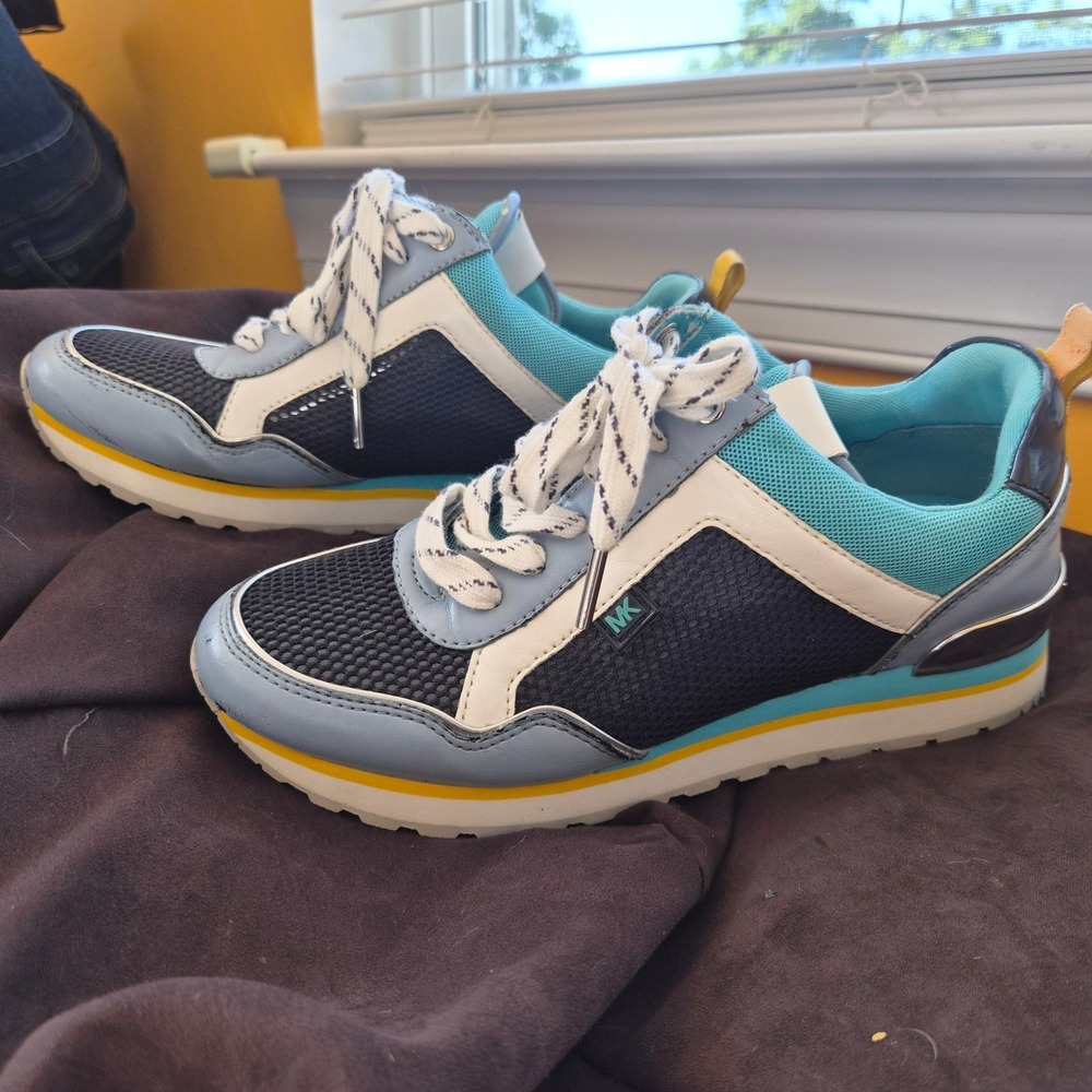 Michael Kors Maddy Sneakers Womens Blue‎ Teal Navy Yellow Mesh Lace Up Retro